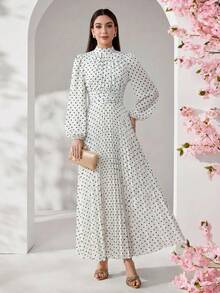 Feyla Women's Polka Dot Pleated Casual Elegant Party Birthday Dress White And Black Polka Dot Autumn - White - View 5
