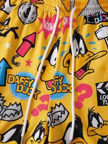 LOONEY TUNES X SHEIN 男士卡通印花圓領短袖上衣與口袋抽繩腰短褲家居服套裝 - 黑色 - 查看 7