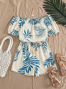 SHEIN VCAY Plus Size Striped & Printed Belted Batwing Sleeve Jumpsuit With Front Button - Blue - View 1