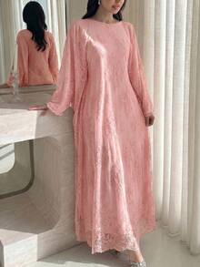 Yasveil Elegante türkische Tunika & arabische traditionelle Tunika für Damen mit Spitzenbesatz, gefüttert, Schnürung an der Taille, langen Ärmeln und ausgestelltem Schnitt - Pink - Übersicht 6