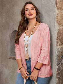 EMERY ROSE Conjunto de vacaciones talla grande para mujer, chaqueta casual de resort con unicolor y dobladillo asimétrico - Rosa - Ver 6
