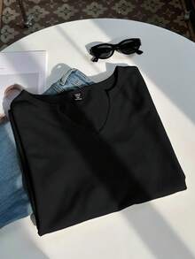 Comfortcana Plus Size Spring/Summer Snowflake Acetate Distressed Black Loose Short Sleeve Small V-Neck T-Shirt Cotton Fabric Wedding Western - Black - View 4