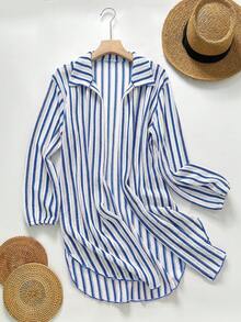 SHEIN Swim Swim SXY-D 女款春夏季藍白條紋提花面料開襟襯衫領和服式罩衫 - 藍白色 - 查看 3