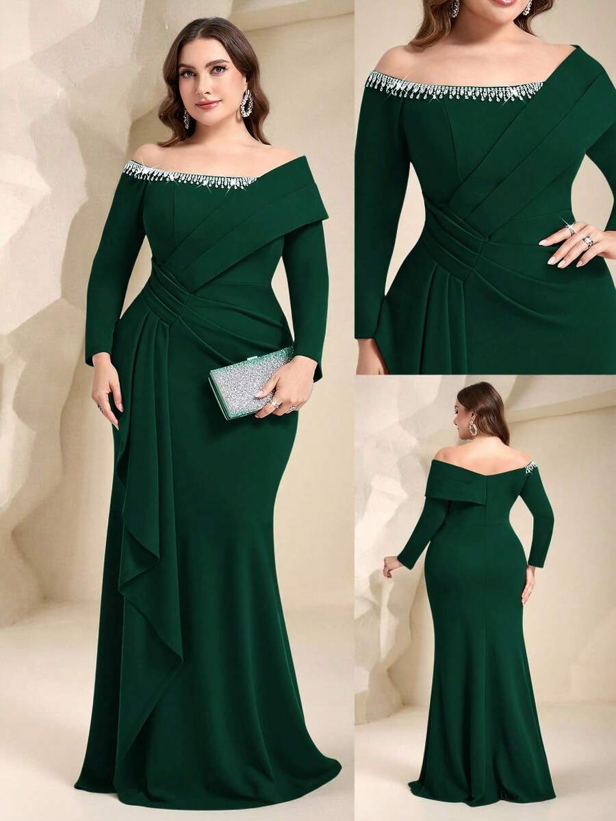 Coutiva Gaun Malam Formal Elegan Wanita Ukuran Besar dengan Hiasan Berlian Imitasi, Lengan Panjang, dan Desain Lipit (Gaya Pengerjaan Berat) - Dark Green - View 1