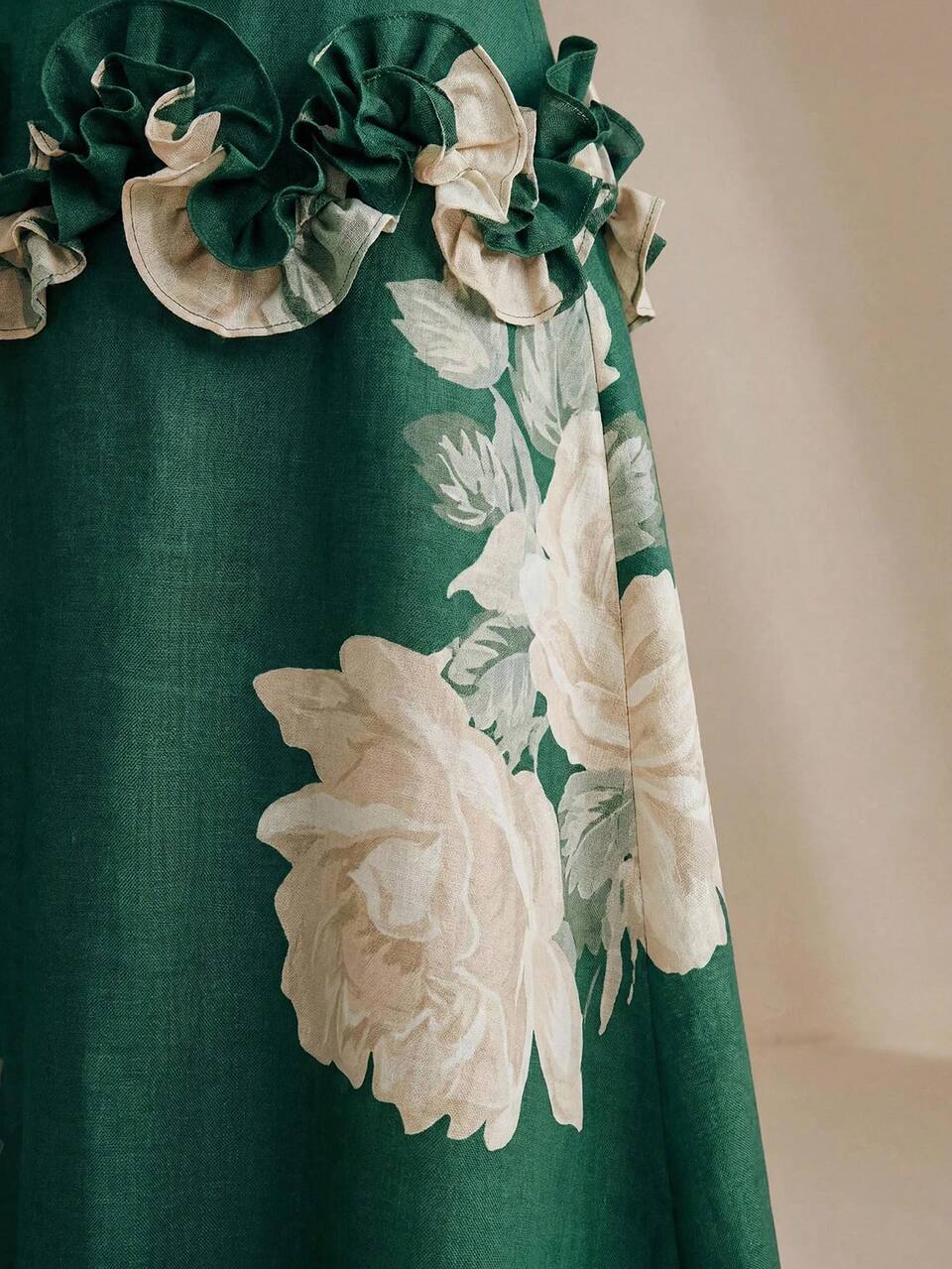 Anewsta Women's Elegant Dark Green Summer Floral Print Round Neck Short Sleeve A-Line Waist Cinched Long Dress,Ruffle Hem Casual Party Wedding Beach