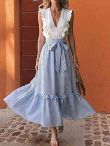 SHEIN LUNE Women's Spring/Summer Vacation Casual Tropical European Elegant Jamican Sexy V-Neck Flutter Sleeve Top And White Light Blue Skirt 2 Pieces Set - Blue and White - View 3