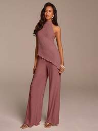 COSMINA Elegantes 2 Stücke Damen-Set mit Neckholder und ärmellos, strukturierter Stoff, weites Bein im Boho-Stil, Aprikose, vielseitig für Frühling, Urlaub, Pendeln, Büro, Alltag, Date, Valentinstag, Hochzeitsgast