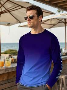 Naviga Onda Camiseta de surf de manga larga con cuello redondo, manga raglán, estampado de letras y color degradado para hombre - Azul Marino - Ver 4