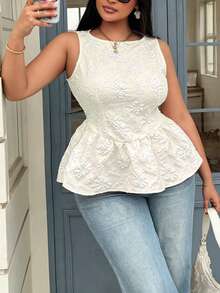 Easura Plus Size Boat Neck Cinched Waist Sleeveless Jacquard Blouse - Apricot - View 7