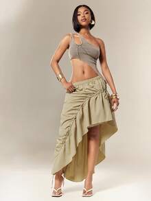 Denimoi Asymmetrical Hem Adjustable Drawstring Skirt Fashionable Streetwear - Khaki - View 3