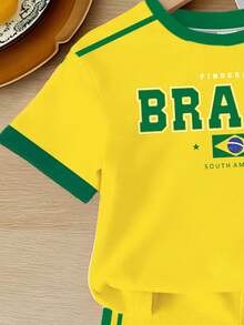 Setelan Pakaian Musim Panas/Musim Semi/Musim Panas/Musim Gugur untuk Anak Perempuan Muda, Kreatif, Personalisasi, Motif Bintang Lima Brasil, Garis Kuning & Hijau, Sisi Dasar Kuning, Garis Ganda Hijau, Huruf, Slogan, Gaya Kasual, Setelan Kaos Pendek + Celana Pendek Biker - MultiWarna - View 9