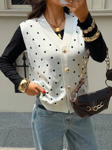 Siren Gaze Women's Polka Dot Pattern Single-Breasted Casual Versatile Knit Vest - Multicolor - View 6