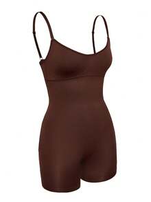 SHAPORA Women's Solid Color Spaghetti Strap Backless Romper Shorts - Coffee Brown - View 5