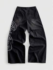 ROMWE MEN Jeans holgados con patrón bordado para hombres - Negro - Ver 3