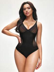 SHAPORA 1 pieza Mono negro con rayas de malla que da forma a la cintura, adelgazante - Negro - Ver 4