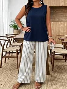 SHEIN Lacomfia Plus Size Women's Summer Set Navy Blue Round Neck Sleeveless Top + Vertical Striped Wide Leg Pants Casual Versatile Slimming 2-Piece Set - Blue - View 7