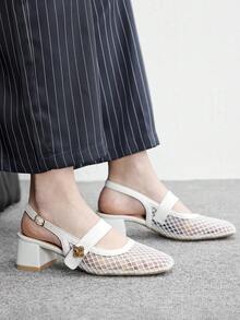 CUCCOO BIZCHIC Women's Fashion High-Heeled Shoes, Buckle Thick Heel Mesh Yarn, Global Four-Season Commuting, Elegant Foundation, Festival Vacation, Office Outdoor Daily Versatile - pure white - View 5