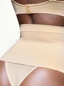 SHEIN 女士纯色无缝高腰塑形丁字裤 - 米色 - 查看 2