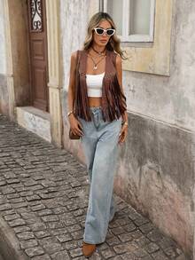 Brillora Fringe Trim Open Front Vest Summer Jacket In Fall/Winter - Brown - View 5