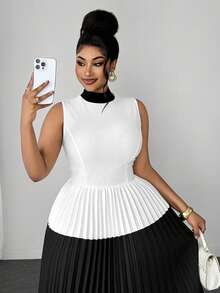 Maweii Black And White Color Block High Neck Sleeveless Pleated Long Evening Gown, Waist-Defining Slimming Formal Banquet Full Skirt Dress - Black and White - View 3