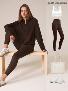 GLOWMODE Modal Silk Touch Oversized Long Sleeve Half-Zip Sweatshirt  Spring Summer - Chocolate Brown - View 6