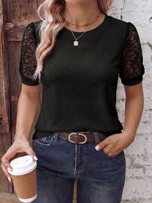 EMERY ROSE Women's Spring/Summer New Hot-Selling Lace Patchwork Design Casual Versatile Plus Size T-Shirt - Black - View 5