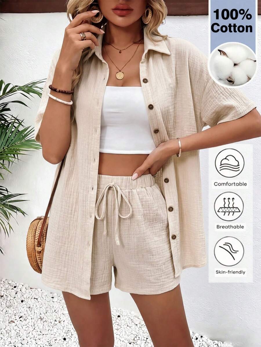 EMERY ROSE Women's Solid Color Short Sleeve Single-Breasted Shirt And Shorts 2 Pieces Set - Apricot - View 1