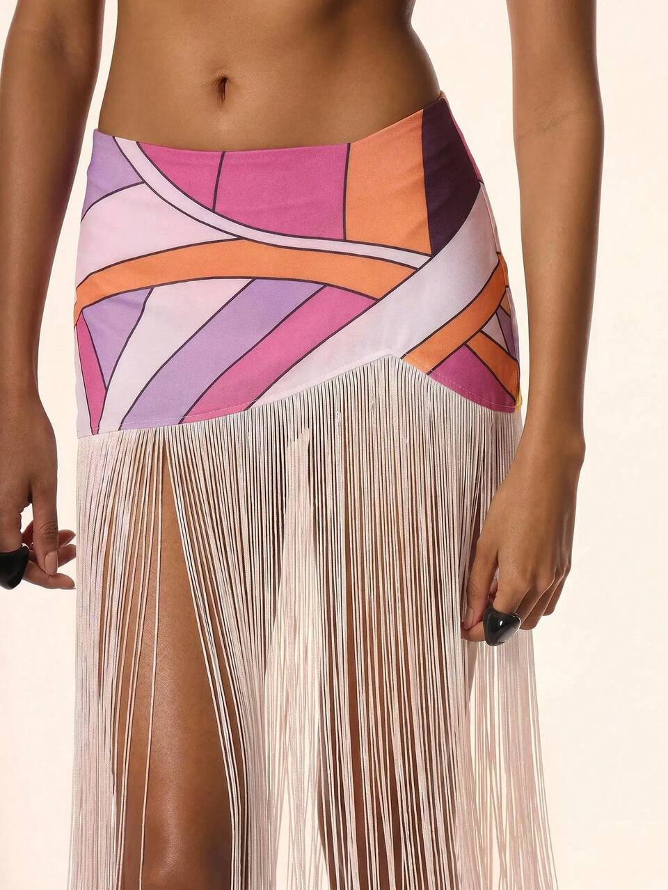 Gonna lunga con stampa, vita a vita e dettaglio di frange estreme, carina, per primavera, estate, vacanze, occasioni, Ibiza, elegante, Limonada