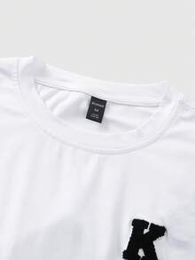 ROMWE MEN Street Life 男士毛巾布刺繡圖案寬鬆版型七分袖T恤 - 白色 - 查看 5