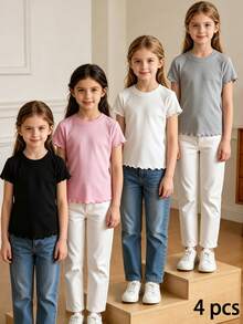 SHEIN Tween Girl Round Neck Solid Color Ruffle Cuff Ribbed Short Sleeve Top - Multicolor - View 4