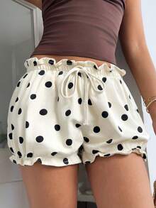 Sunnyshic Women's Drawstring Waist Polka Dot Casual Cute Versatile Daily Outing Denim Shorts Beach Picnic Black White Polka Dot Summer - Black and White - View 3