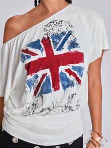 ACID BLVD Summer Y2K Street Style Hot Girl Vintage British Flag Print Pocket Waist-Cinched Loose T-Shirt - White - View 6
