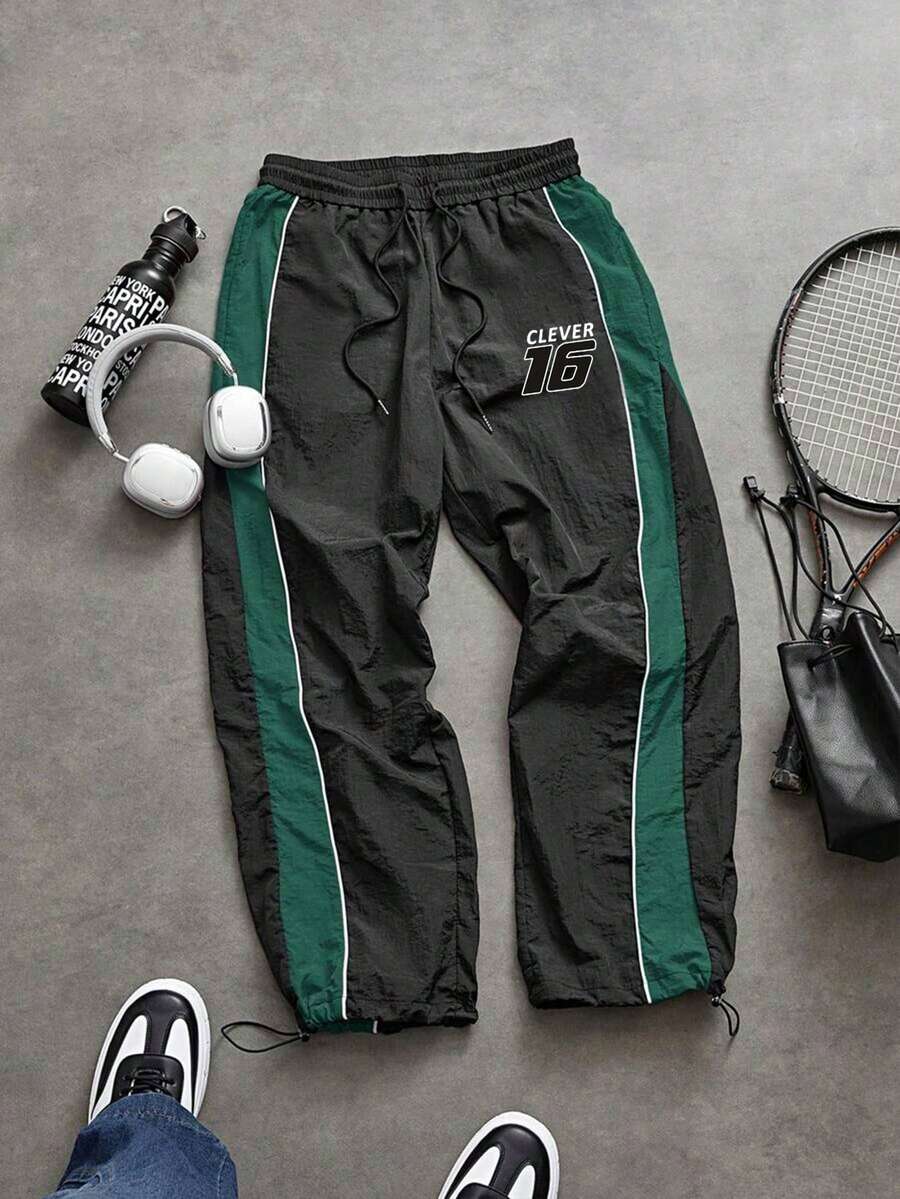 Sport MetroGents Pantalones deportivos largos para hombre con cordón, patrón de letras y números, bloques de color, para gimnasio - Multicolor - Ver 1