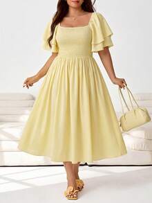 Solflare Vestido elegante de talla grande con mangas de volantes y volantes de unicolor, fiesta de té de verano amarillo pálido - amarillo ganso - Ver 1