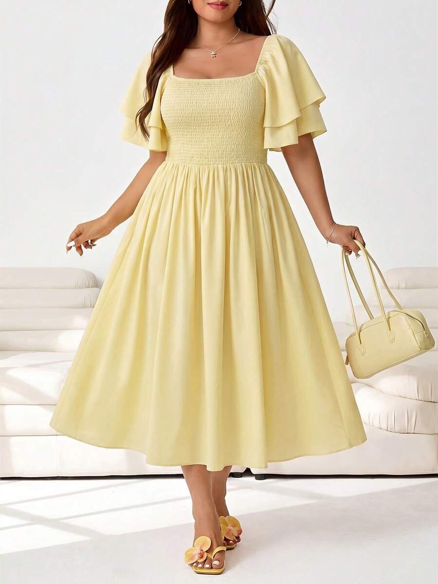 Solflare Vestido elegante de talla grande con mangas de volantes y volantes de unicolor, fiesta de té de verano amarillo pálido - amarillo ganso - Ver 1