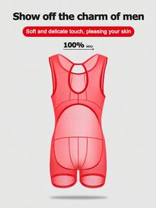 SHEIN DrisQ Men's Sheer Mesh Tank Top Jumpsuit Sexy Lingerie - Red - View 2