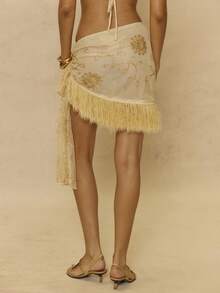 MUSERA Woven Embellished Wrap Tie Fringe Sarong Skirt Spring Summer Holiday Vacation Ibiza Festival Un Roma Pool Party Beach Beige Romantic Sexy - Apricot - View 5