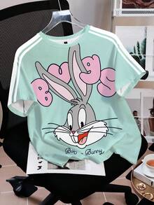 LOONEY TUNES X SHEIN Women's Casual Cartoon Print Round Neck Short Sleeve T-Shirt, Versatile For Daily Wear - White - View 3