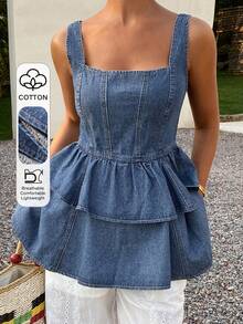 Livesso Women's Denim Camisole Top With Collar, Waist Cinching, And Ruffle Hem - Blue - View 1