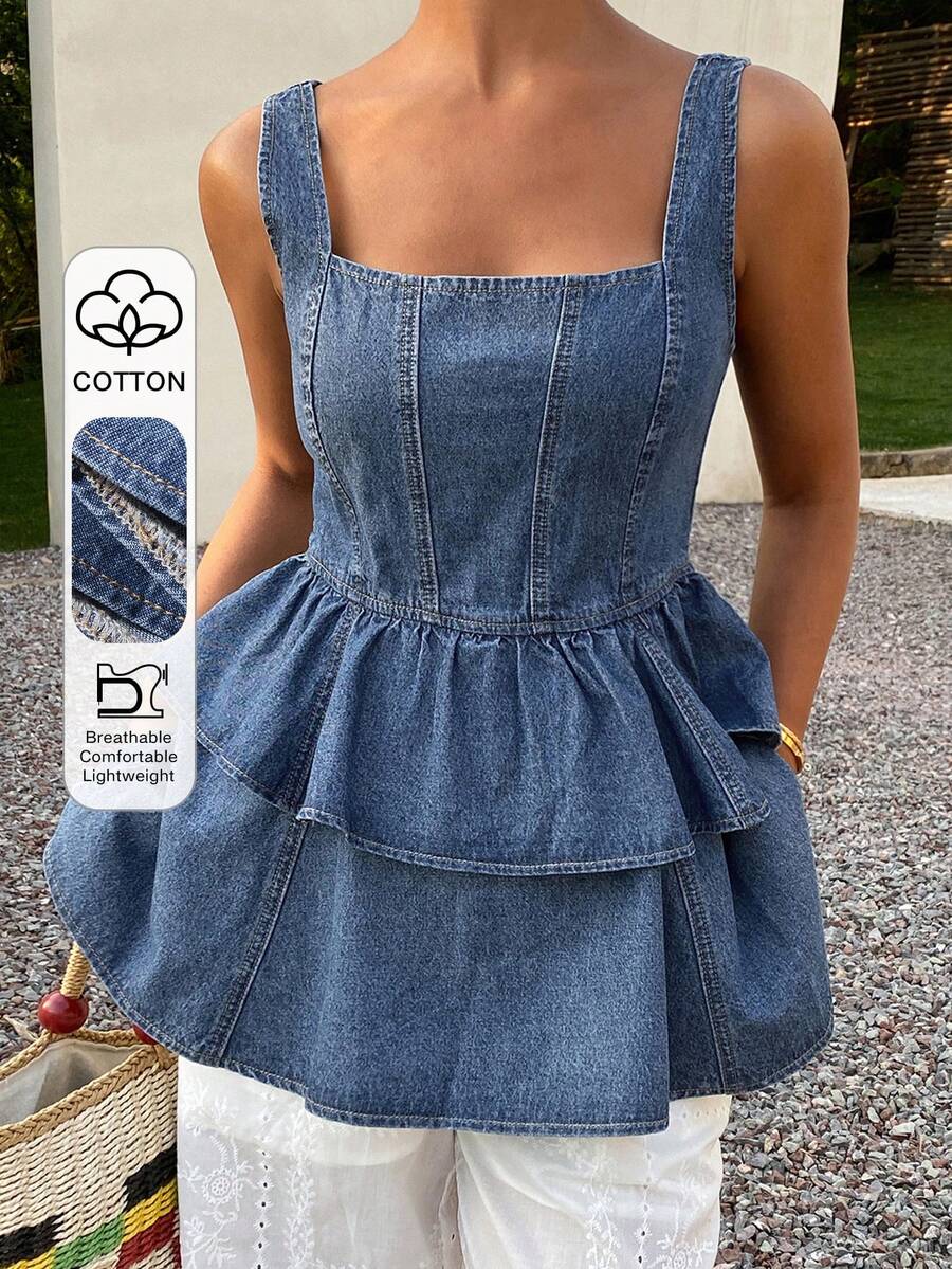Livesso Women's Denim Camisole Top With Collar, Waist Cinching, And Ruffle Hem - Blue - View 1