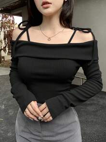DAZY Women's Off Shoulder Tie Front T-Shirt, Black, Spring/Summer,Fall Clothes Long Sleeve Going Out Tops - Black - View 5