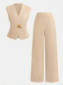 SHEIN Teen Girls T-Shirt Co-Ords Summer Elegant Minimalist Casual Commute Daily Metal Button Sleeve Cinched Waist Dark Top And High Waist Wide Leg Long Pants Apricot Dark Green Olive Green 2 Pieces Set - Khaki - View 2