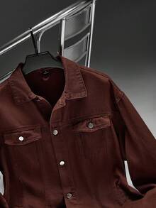 Zorclune Men Loose Fit Long Sleeve Cotton Solid Color Front Button Casual Denim Jacket, For Fall - Coffee Brown - View 6