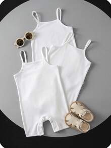 SHEIN Babygirl Summer Cute Simple Solid Color Elastic Strap Romper 3pcs Set - White - View 5