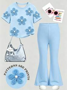 SHEIN 2件組女童韓系溫柔風套裝，數位花卉印花圓領短袖上衣搭配中腰喇叭長褲，輕盈休閒套裝，適合購物、公園出遊、日常穿著，適用於春季、夏季、初秋 - 彩色 - 查看 4