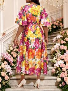 Fleurora White Summer Elegant Plus Size Floral Print Satin Midi Dress Bachelorette Party Evening Tea Party Wedding Guest Dress Round Neck Flounce Sleeve - Multicolor - View 2