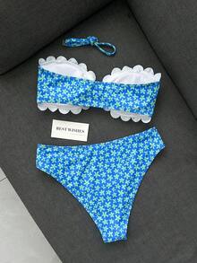 Swim Mod 女款泳衣，青少年女孩，鏤空荷葉邊，花瓣邊飾抹胸，甜美可愛，碎花印花，紋理羅紋面料 - 藍色 - 查看 3