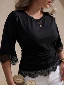 Elegantrix 女款大尺碼春夏圓領法式休閒透視蕾絲收腰抓皺T恤 - 黑色 - 查看 2