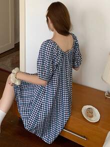 DAZY Vestido de dormir casual diario para mujer con estampado a cuadros y tachuelas, verano - Amarillo - Ver 2
