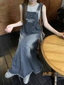 DAZY Overall Jumpsuit Denim Washed dengan Motif Huruf untuk Wanita - Biru - View 5